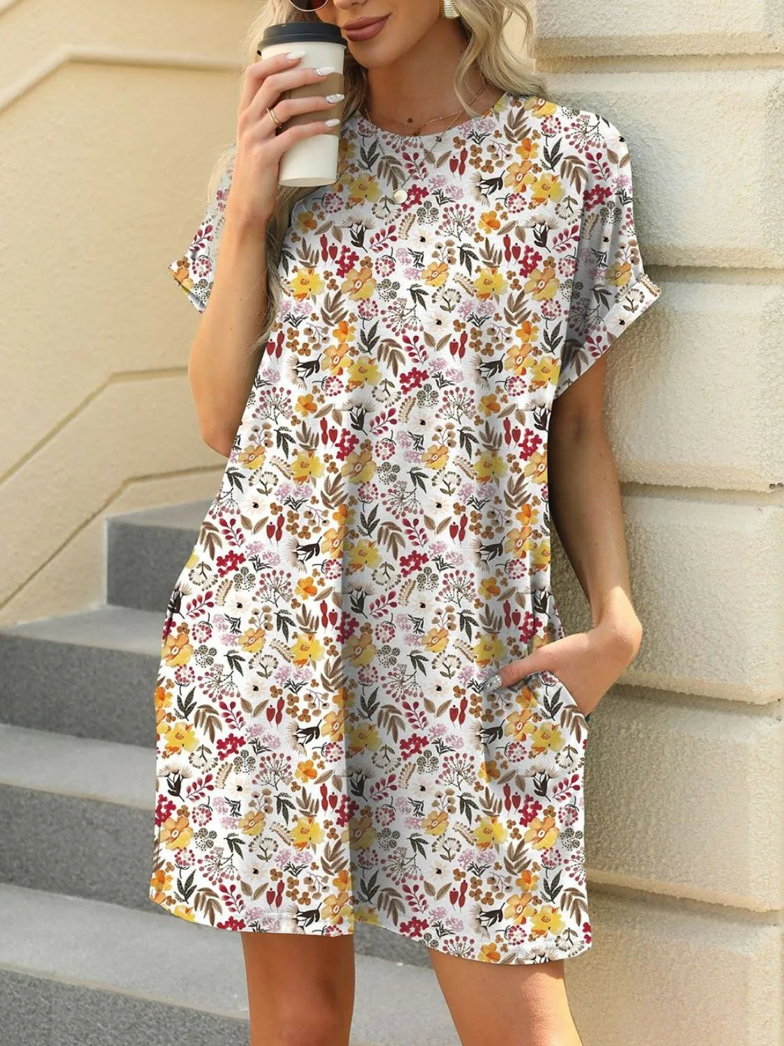 Printed Round Neck Short Sleeve Mini Dress - Jatanele