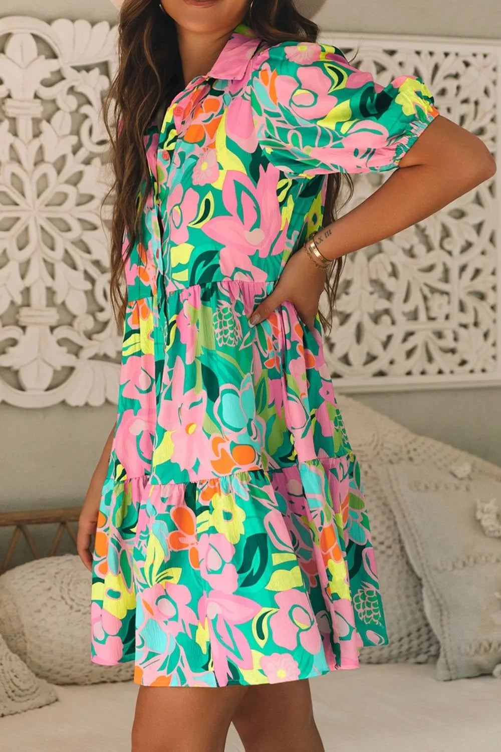 Button Down Floral Puff Sleeve Babydoll Dress - Jatanele