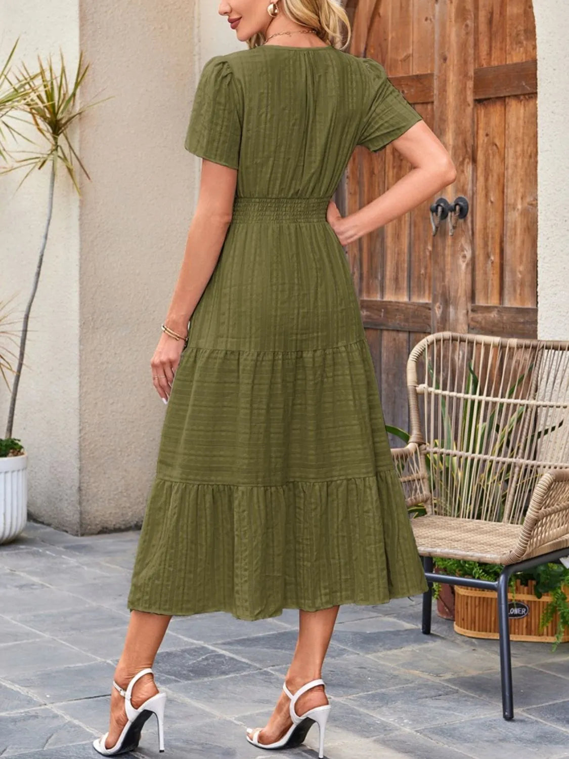 Tiered Notched Short Sleeve Dress - Jatanele
