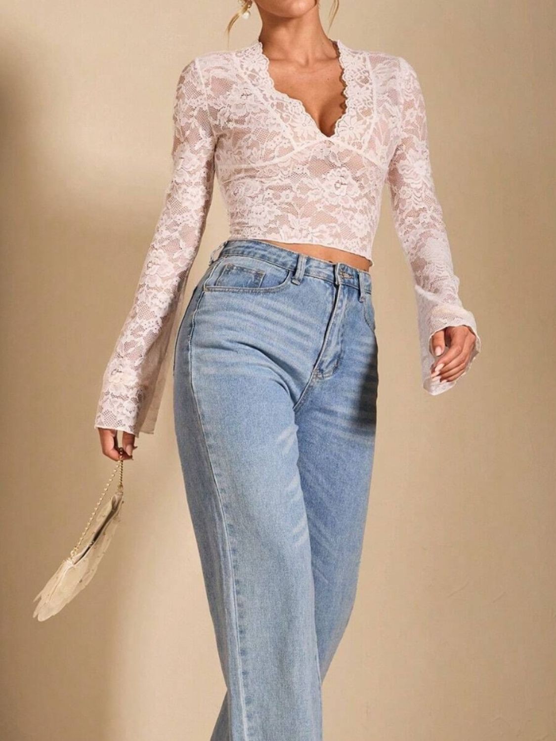V-Neck Flare Sleeve Lace Top - Jatanele