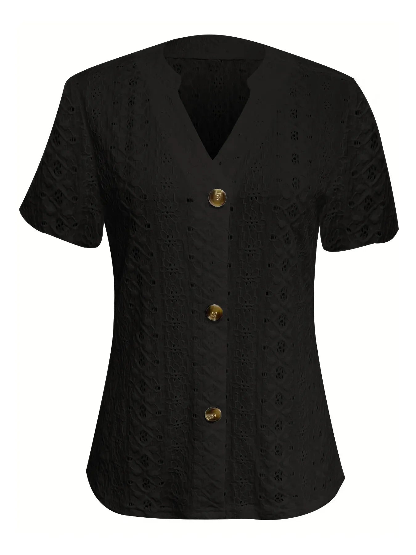 Openwork Notched Short Sleeve Top - Jatanele