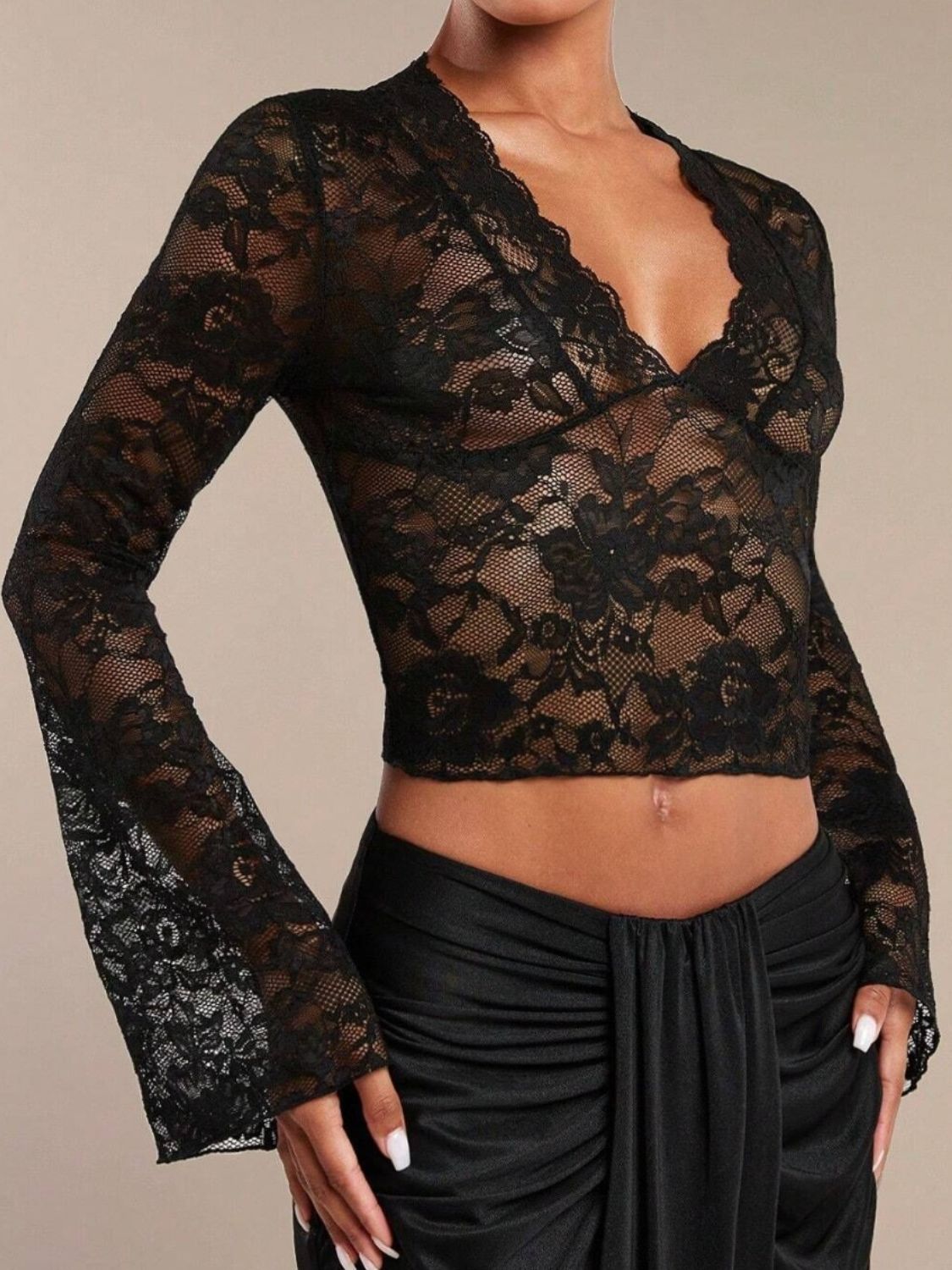 V-Neck Flare Sleeve Lace Top - Jatanele