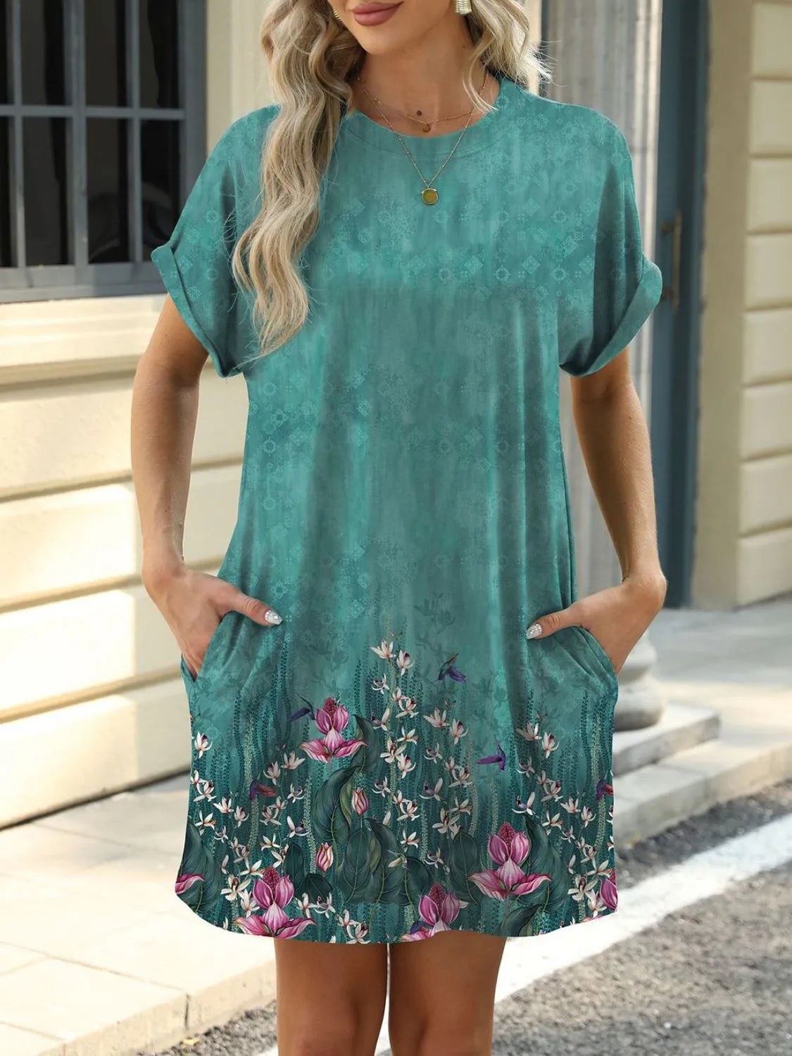 Printed Round Neck Short Sleeve Mini Dress - Jatanele
