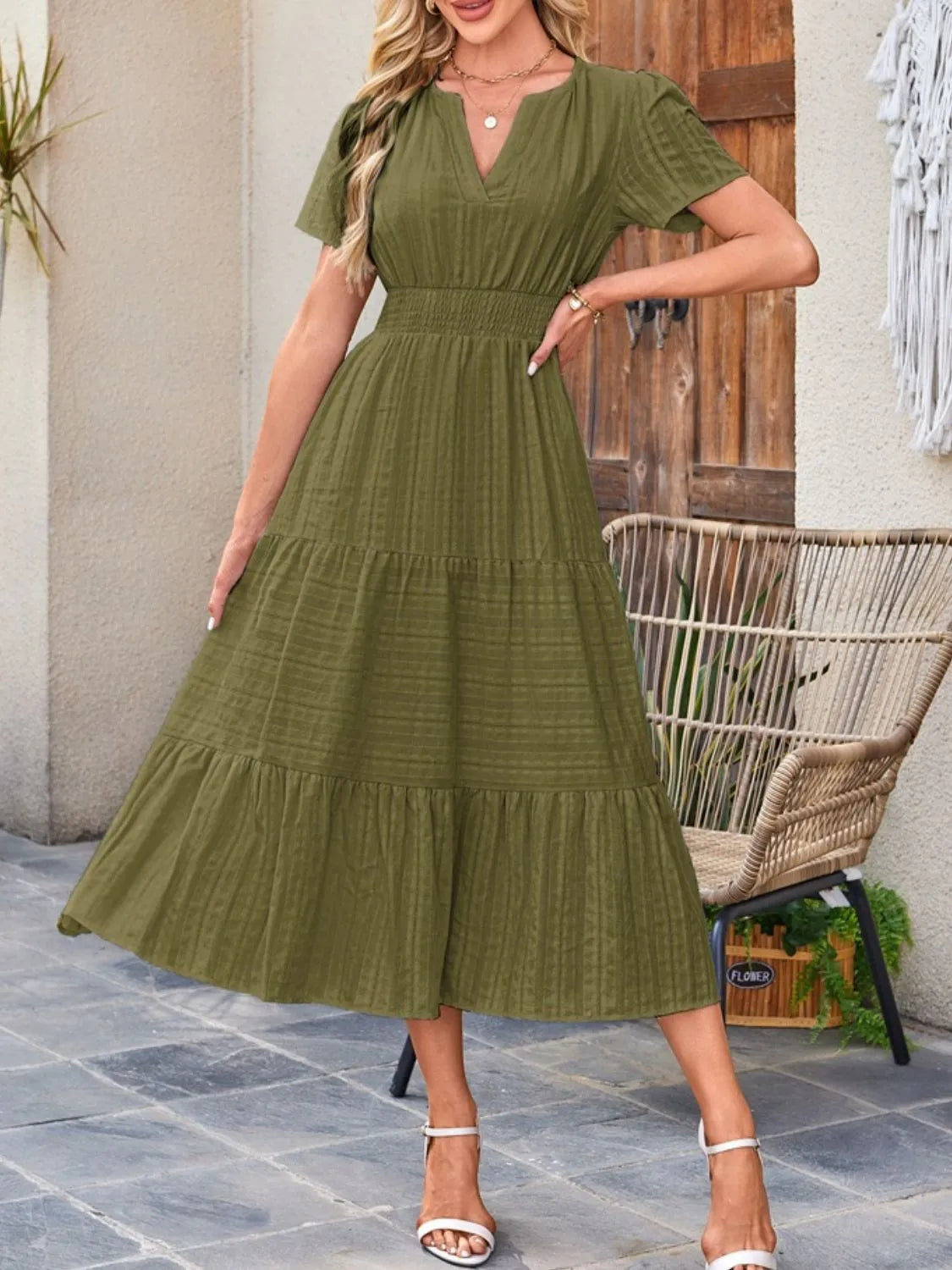 Tiered Notched Short Sleeve Dress - Jatanele