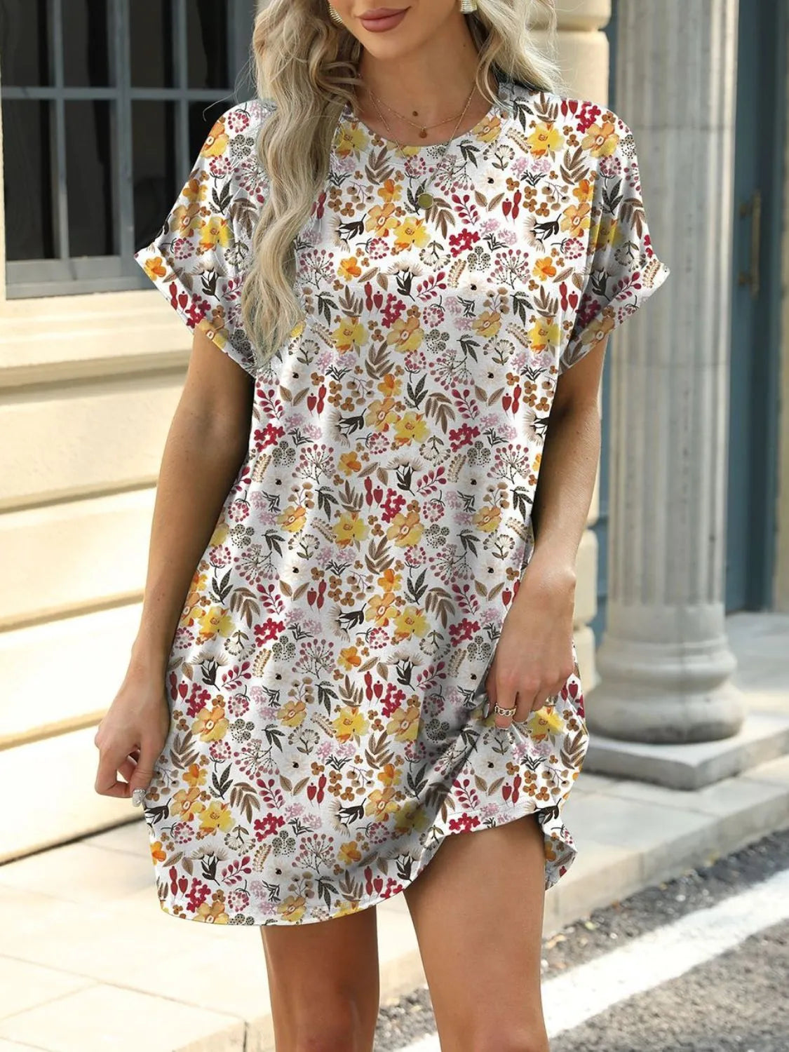Printed Round Neck Short Sleeve Mini Dress - Jatanele