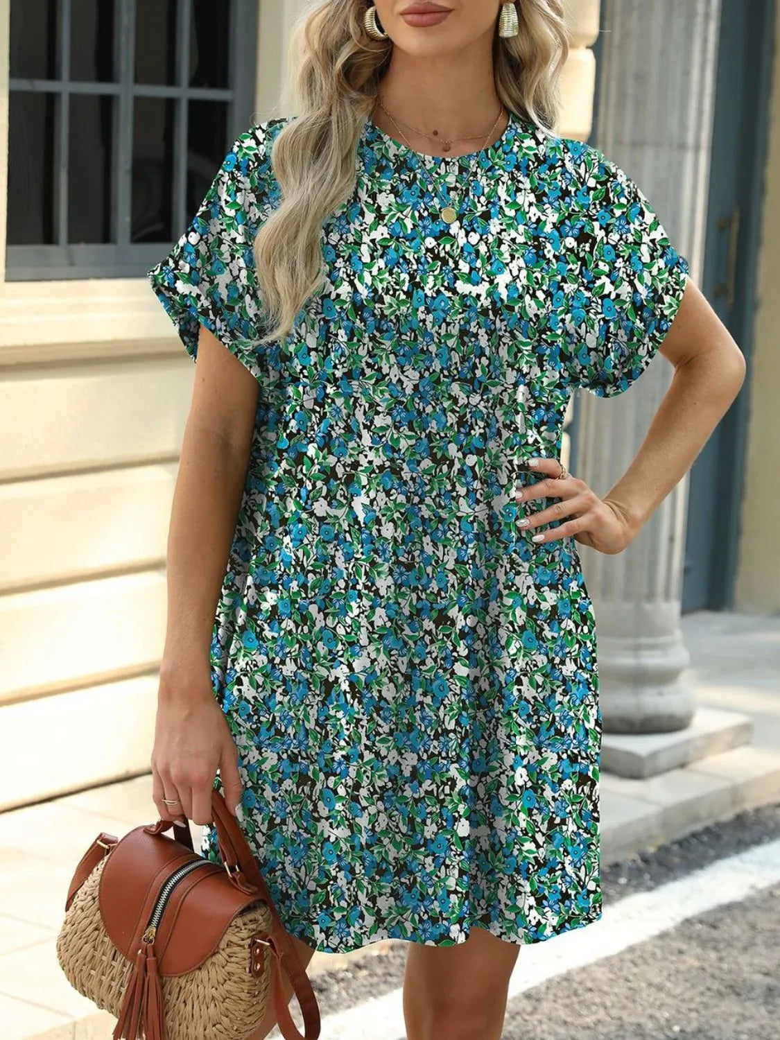 Printed Round Neck Short Sleeve Mini Dress - Jatanele