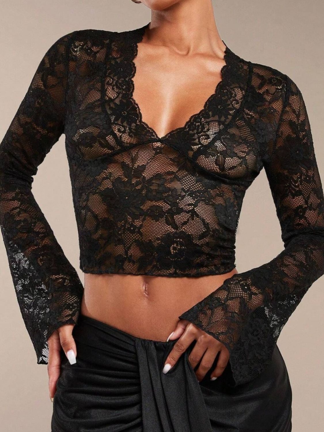 V-Neck Flare Sleeve Lace Top - Jatanele