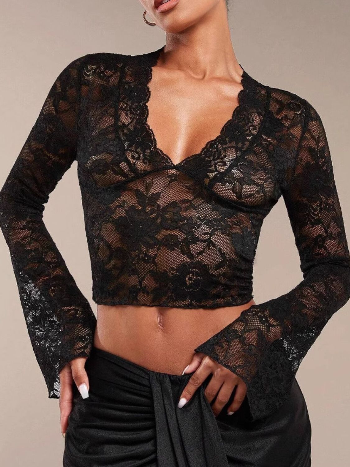 V-Neck Flare Sleeve Lace Top - Jatanele