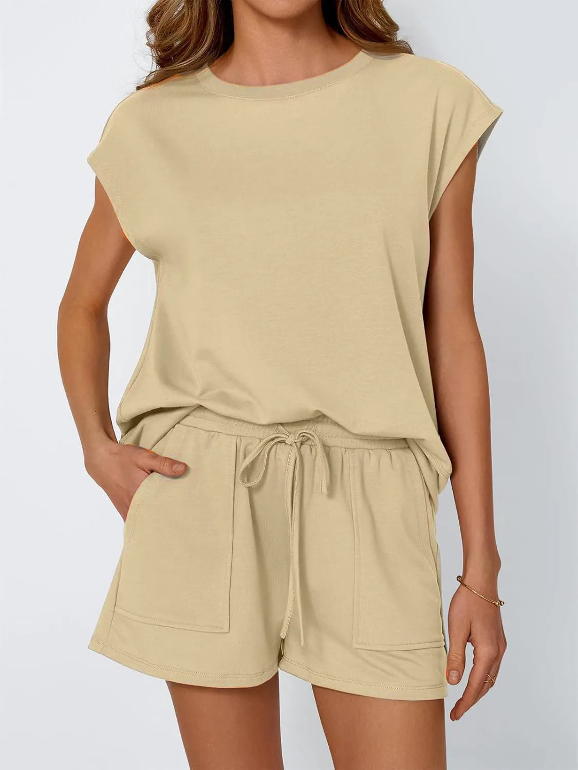 Round Neck Cap Sleeve Top and Shorts Set - Jatanele