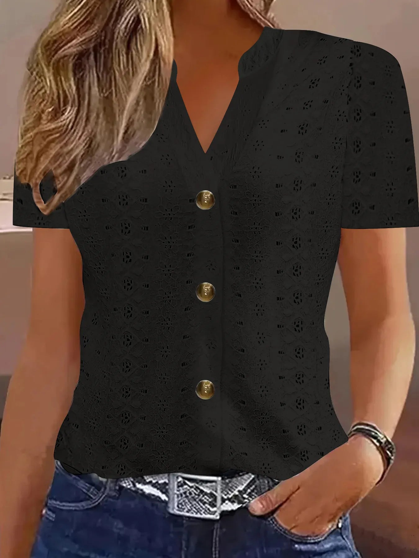 Openwork Notched Short Sleeve Top - Jatanele