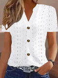 Openwork Notched Short Sleeve Top - Jatanele