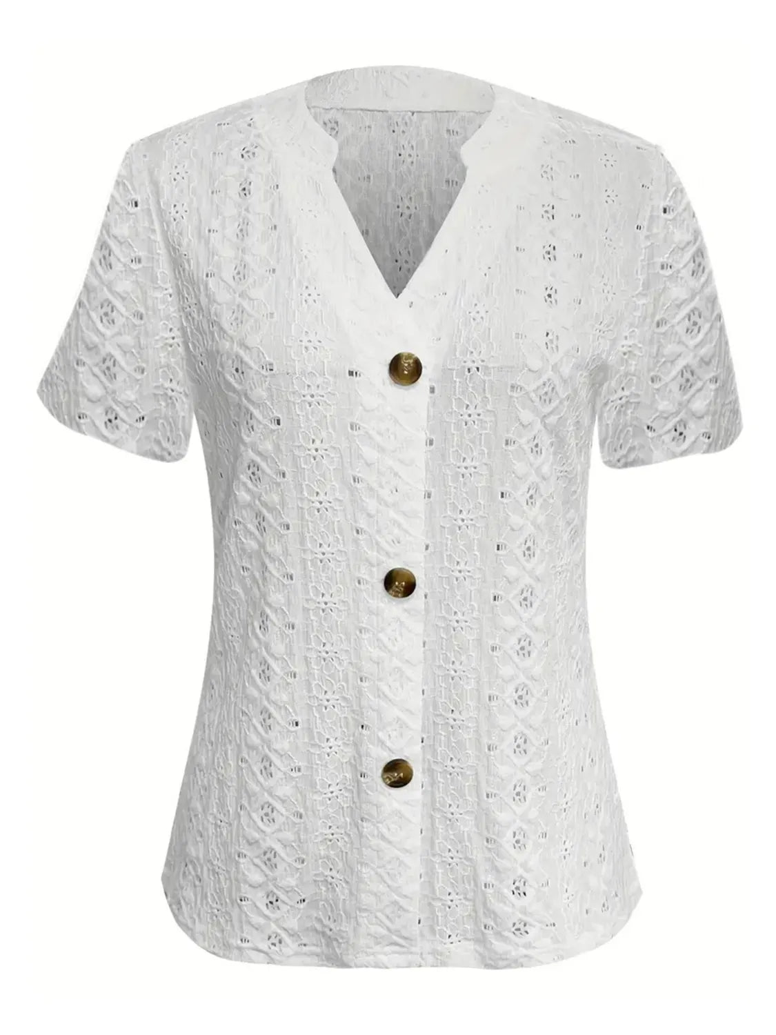 Openwork Notched Short Sleeve Top - Jatanele