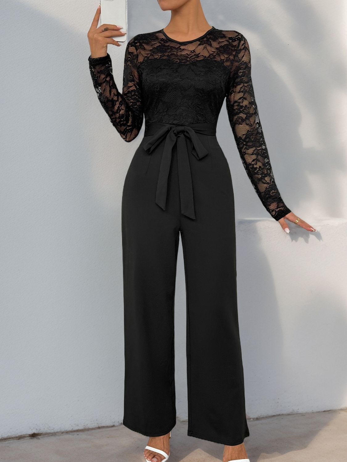 Perfee Lace Round Neck Long Sleeve Jumpsuit - Jatanele