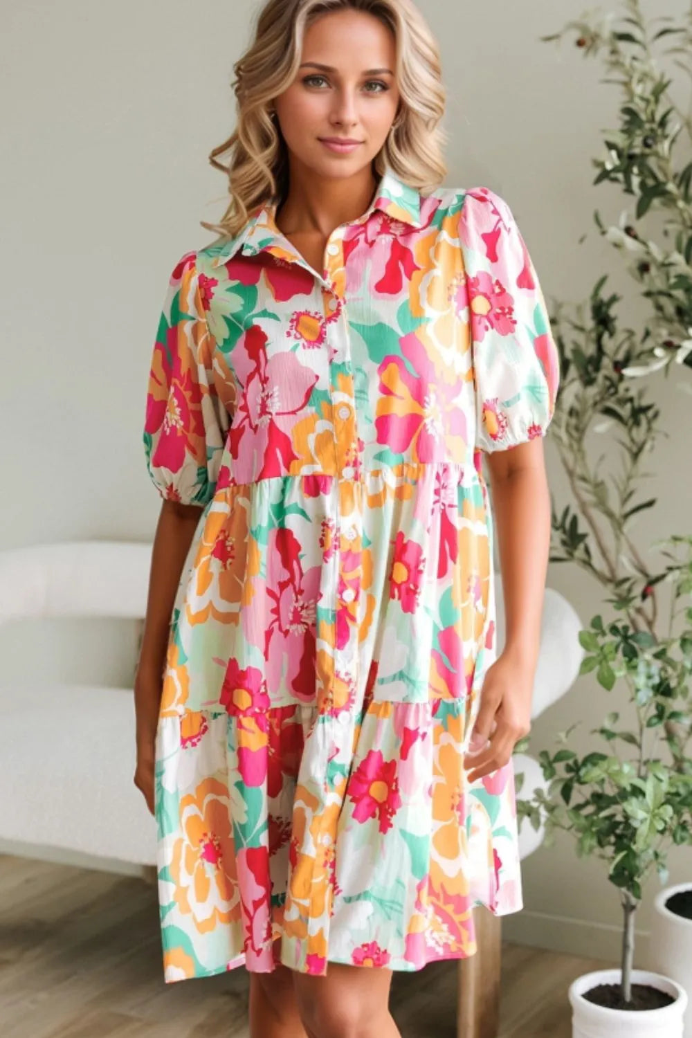 Button Down Floral Puff Sleeve Babydoll Dress - Jatanele