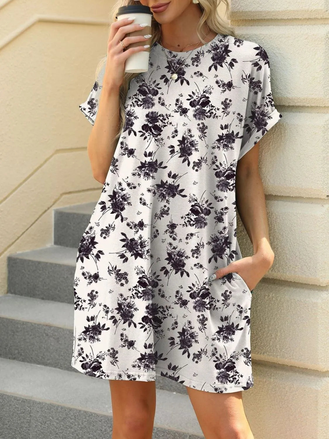Printed Round Neck Short Sleeve Mini Dress - Jatanele