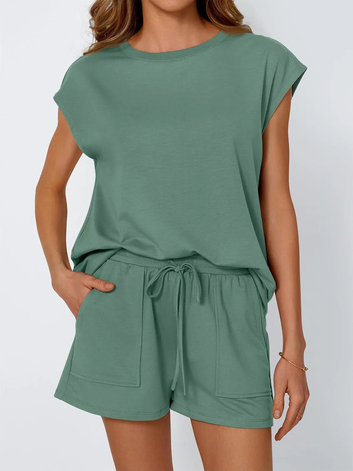 Round Neck Cap Sleeve Top and Shorts Set - Jatanele