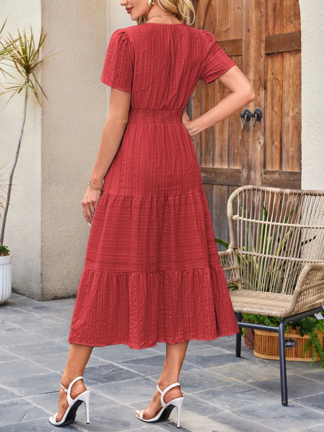Tiered Notched Short Sleeve Dress - Jatanele