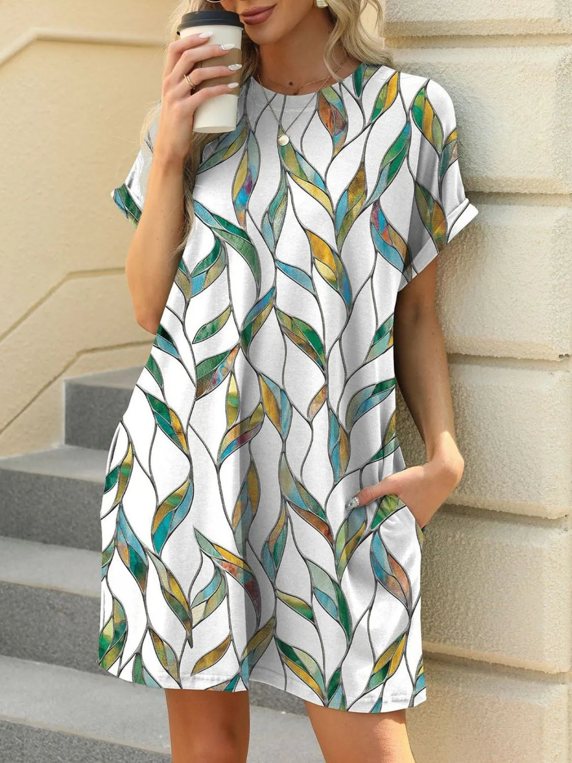 Printed Round Neck Short Sleeve Mini Dress - Jatanele