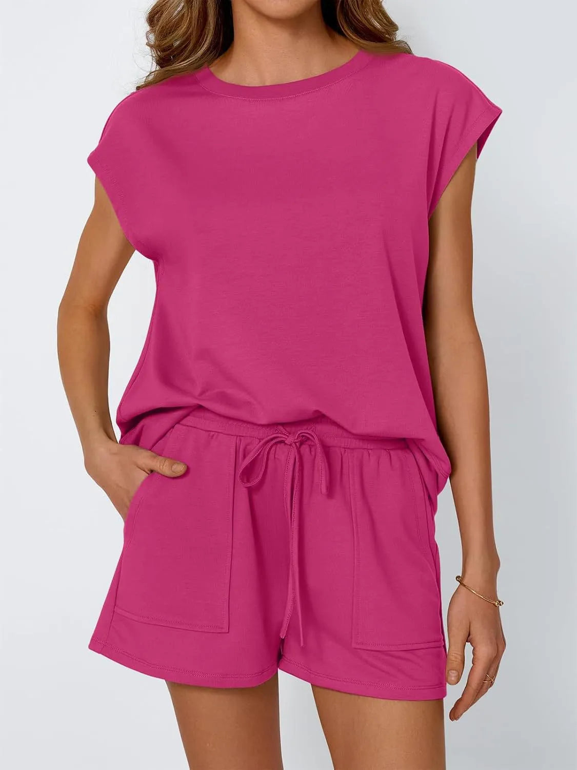 Round Neck Cap Sleeve Top and Shorts Set - Jatanele