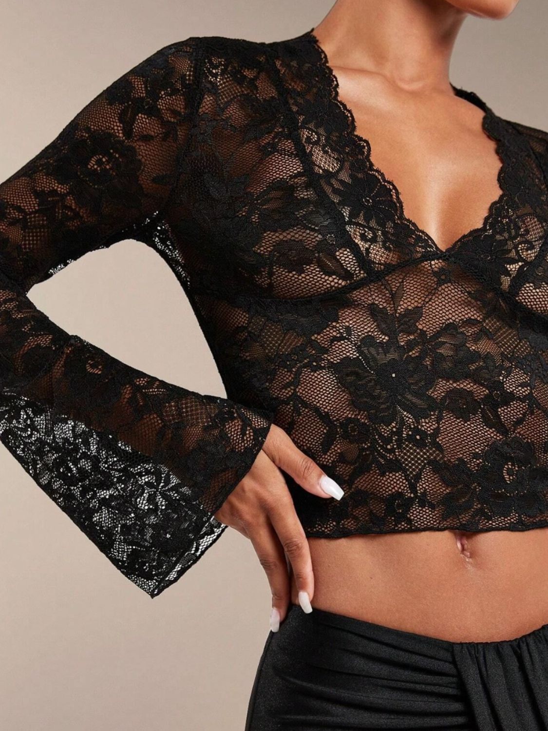 V-Neck Flare Sleeve Lace Top - Jatanele