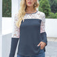 Waffle-Knit Lace Round Neck Long Sleeve T-Shirt - Jatanele