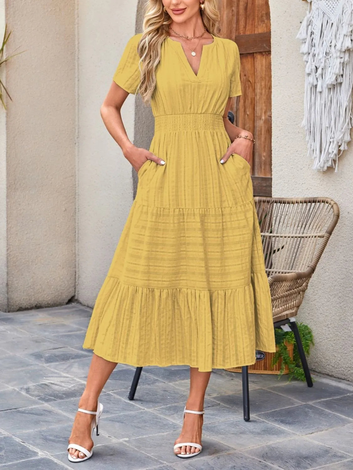 Tiered Notched Short Sleeve Dress - Jatanele