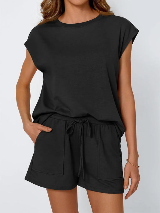 Round Neck Cap Sleeve Top and Shorts Set - Jatanele