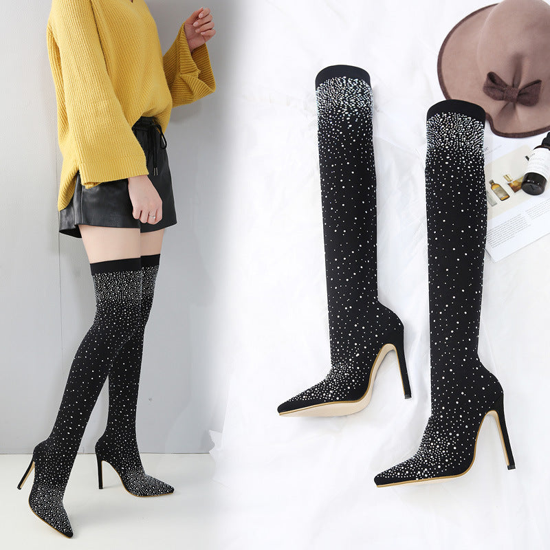 Chic High-Heeled Knee Boots – Pointed Toe & Elastic Fit - Jatanele