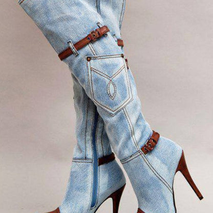 Women's Denim Plus Size Boots Stitching High Heel - Jatanele