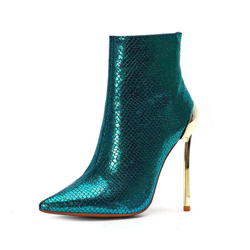 Pointed Metal Stiletto Ankle Boots – Available in Blue and Green - Jatanele