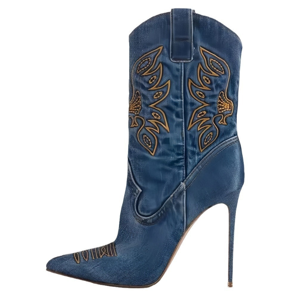 Western Denim Style High-Heeled Boots for Women - Jatanele