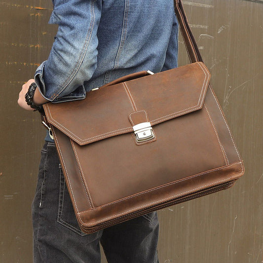 Luxury Crazy Horse Leather Briefcase - Brown - Jatanele