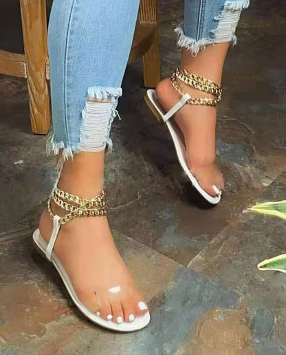 Large Size Women’s Flat Sandals with Stylish Metal Chain - Summer Comfort - Jatanele