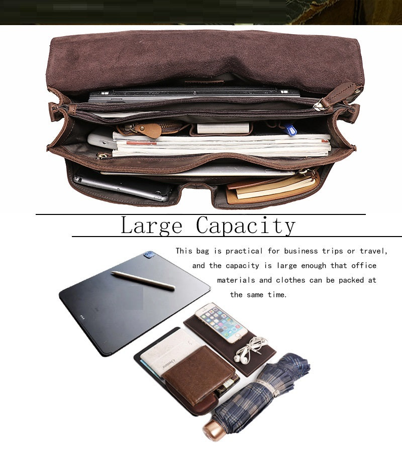 Large Capacity Retro Portable Crazy Horse Leather Briefcase - Jatanele