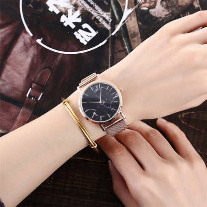 Silver and gold mesh band creative marble wristwatch - Jatanele