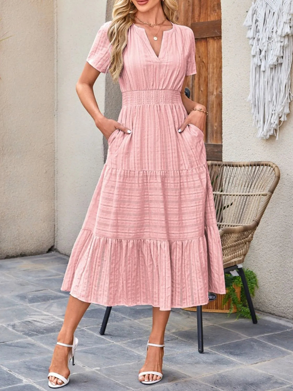 Tiered Notched Short Sleeve Dress - Jatanele