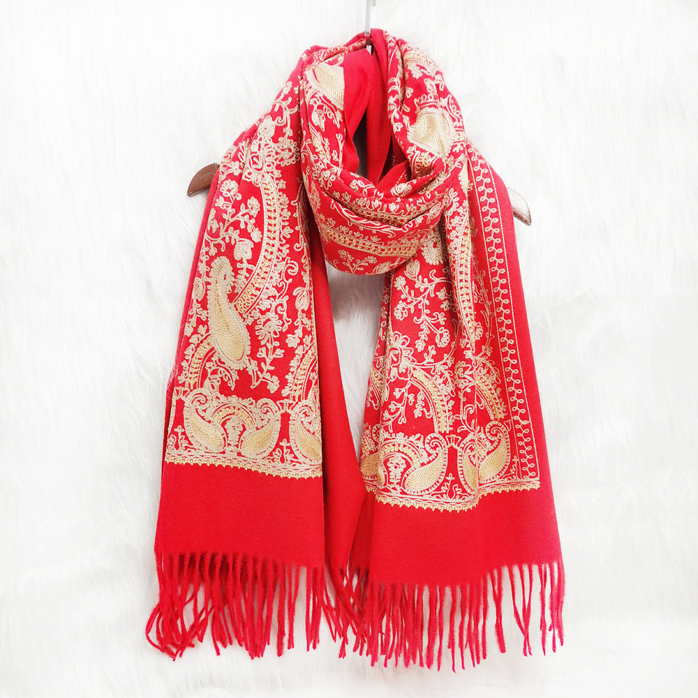 Embroidered Cashmere Scarf with Golden Paisley Details - Jatanele