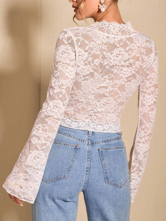 V-Neck Flare Sleeve Lace Top - Jatanele