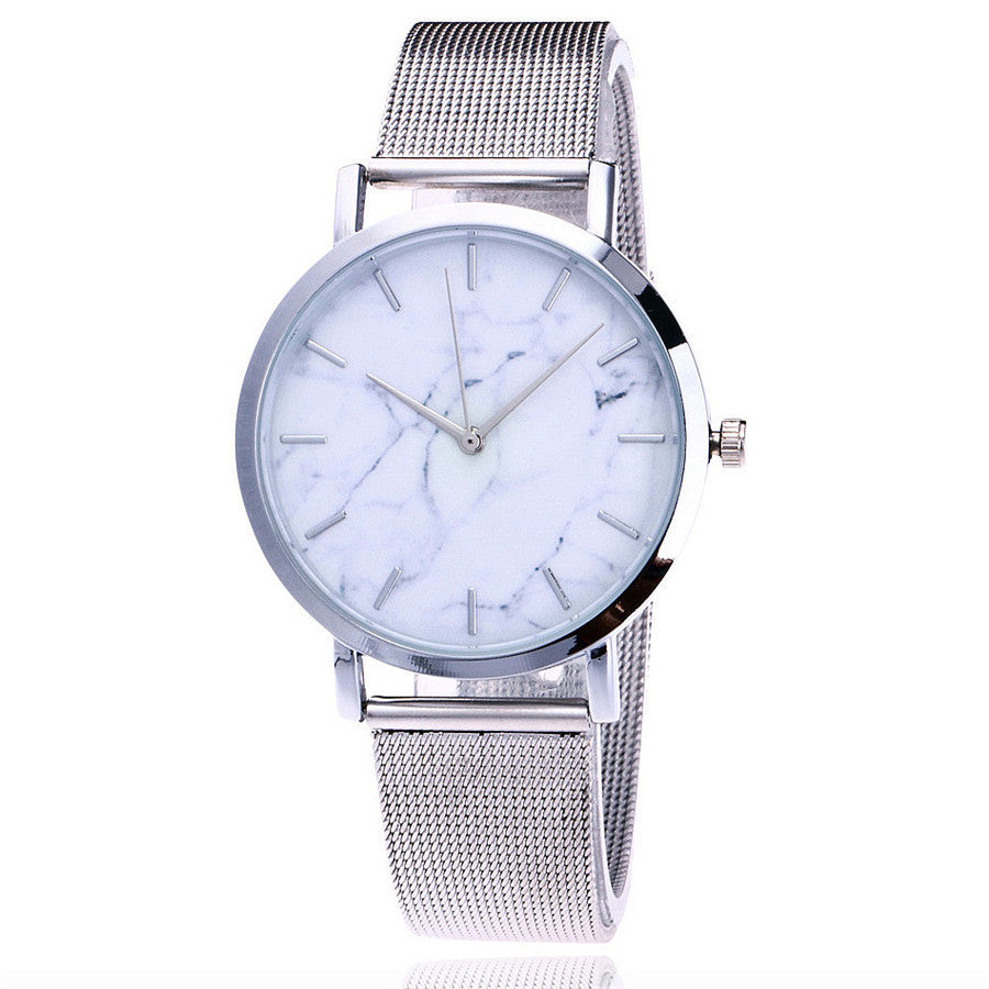 Silver and gold mesh band creative marble wristwatch - Jatanele