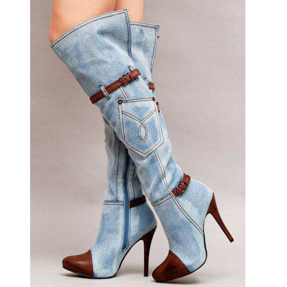 Women's Denim Plus Size Boots Stitching High Heel - Jatanele