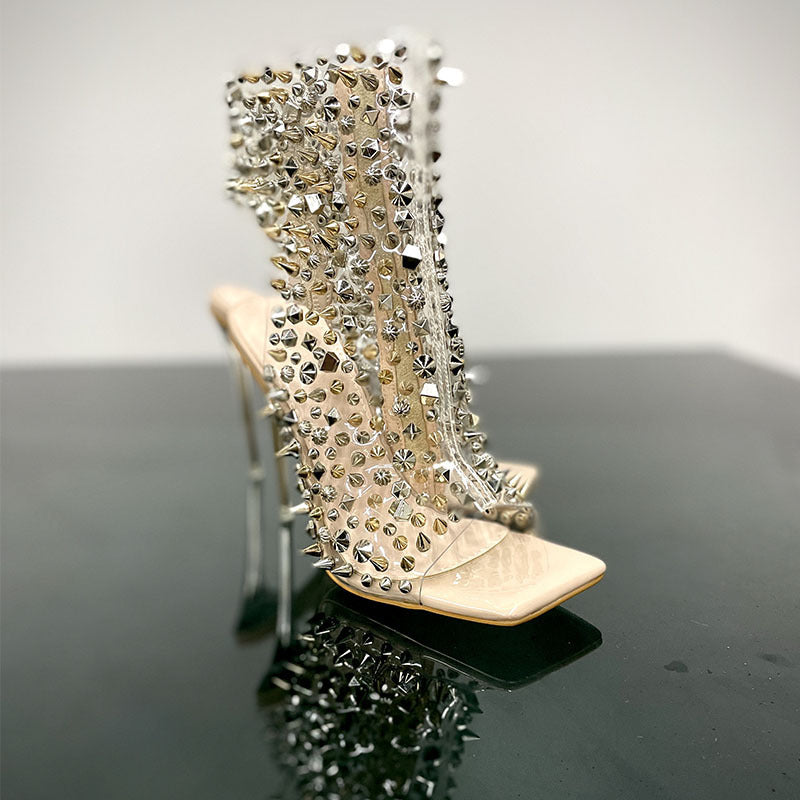 Transparent Rivet Stiletto Heels with Square Toe - Jatanele