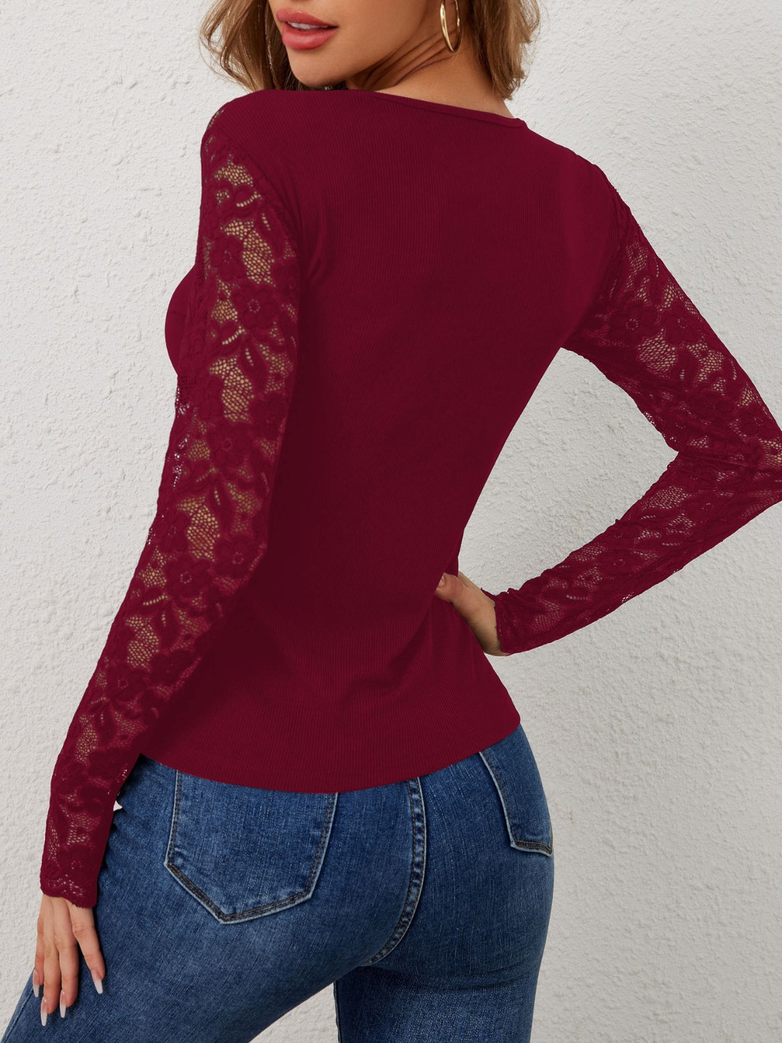 Lace Wavy Hem V-Neck Long Sleeve Top - Jatanele