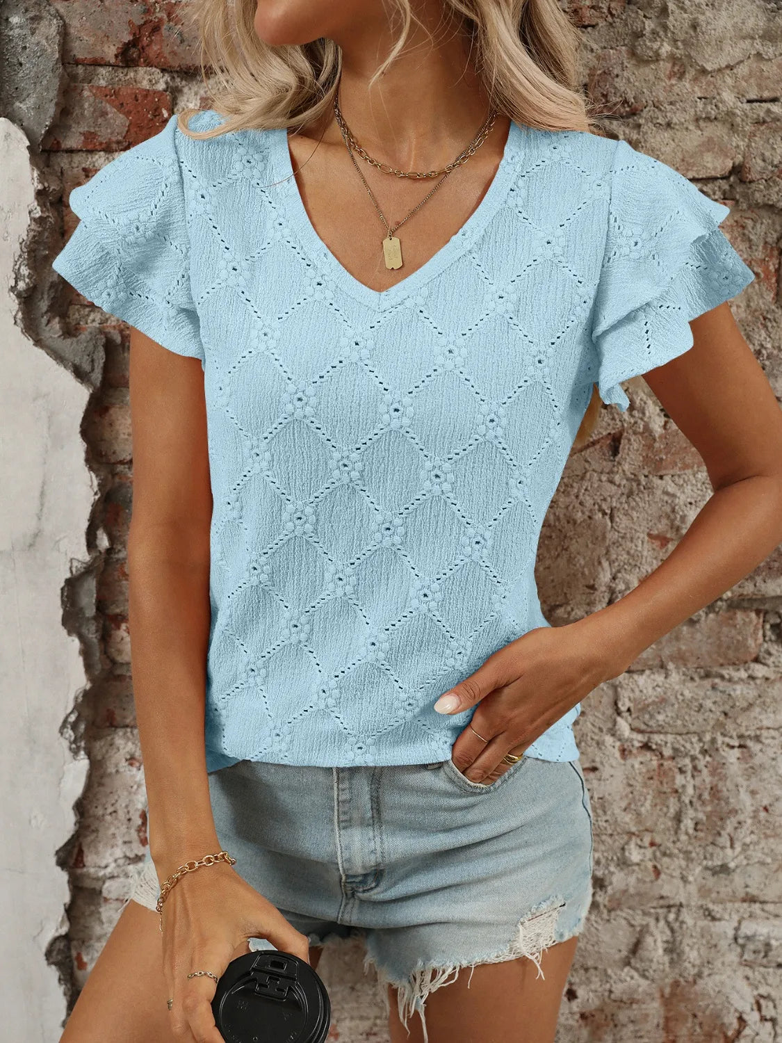 Eyelet V-Neck Ruffled Cap Sleeve Top - Jatanele