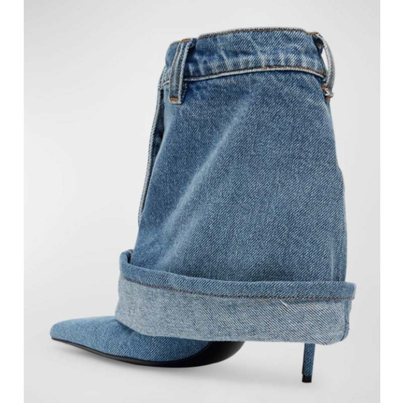 Pointed-Toe Washed Denim Pantskirt Stiletto Heel Boots - Jatanele