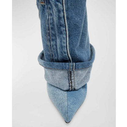 Pointed-Toe Washed Denim Pantskirt Stiletto Heel Boots - Jatanele