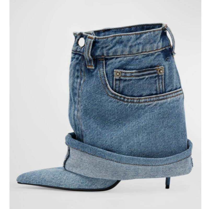 Pointed-Toe Washed Denim Pantskirt Stiletto Heel Boots - Jatanele