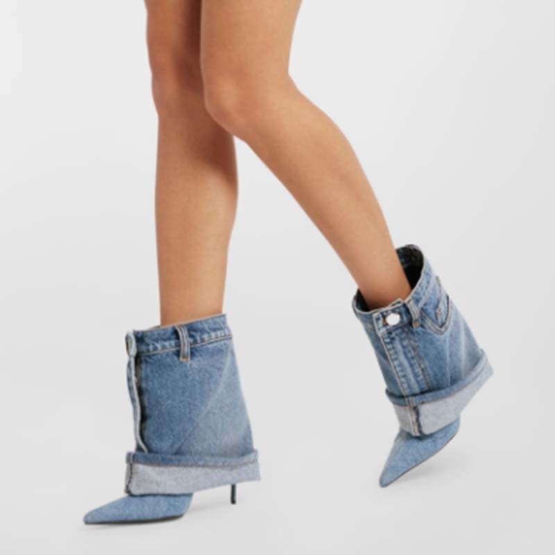 Pointed-Toe Washed Denim Pantskirt Stiletto Heel Boots - Jatanele