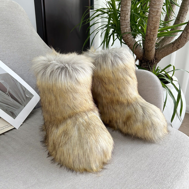 Raccoon Fur Plush Snow Boots - Warm Winter Footwear - Jatanele