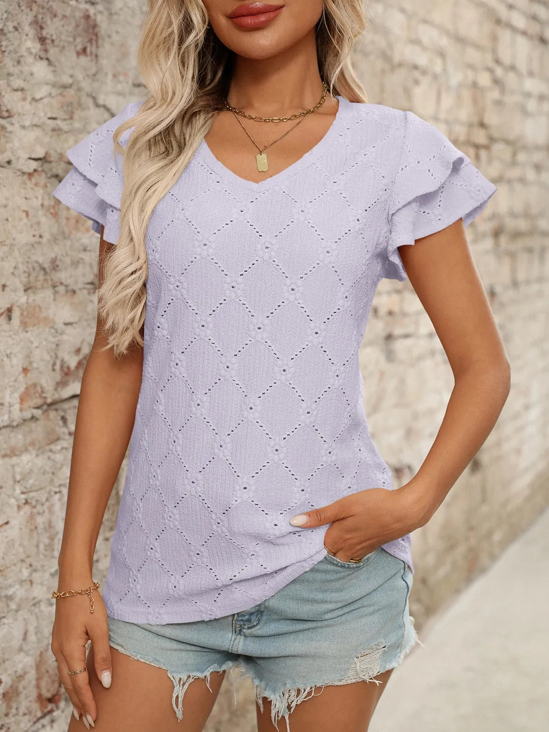 Eyelet V-Neck Ruffled Cap Sleeve Top - Jatanele