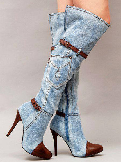 Women's Denim Plus Size Boots Stitching High Heel - Jatanele